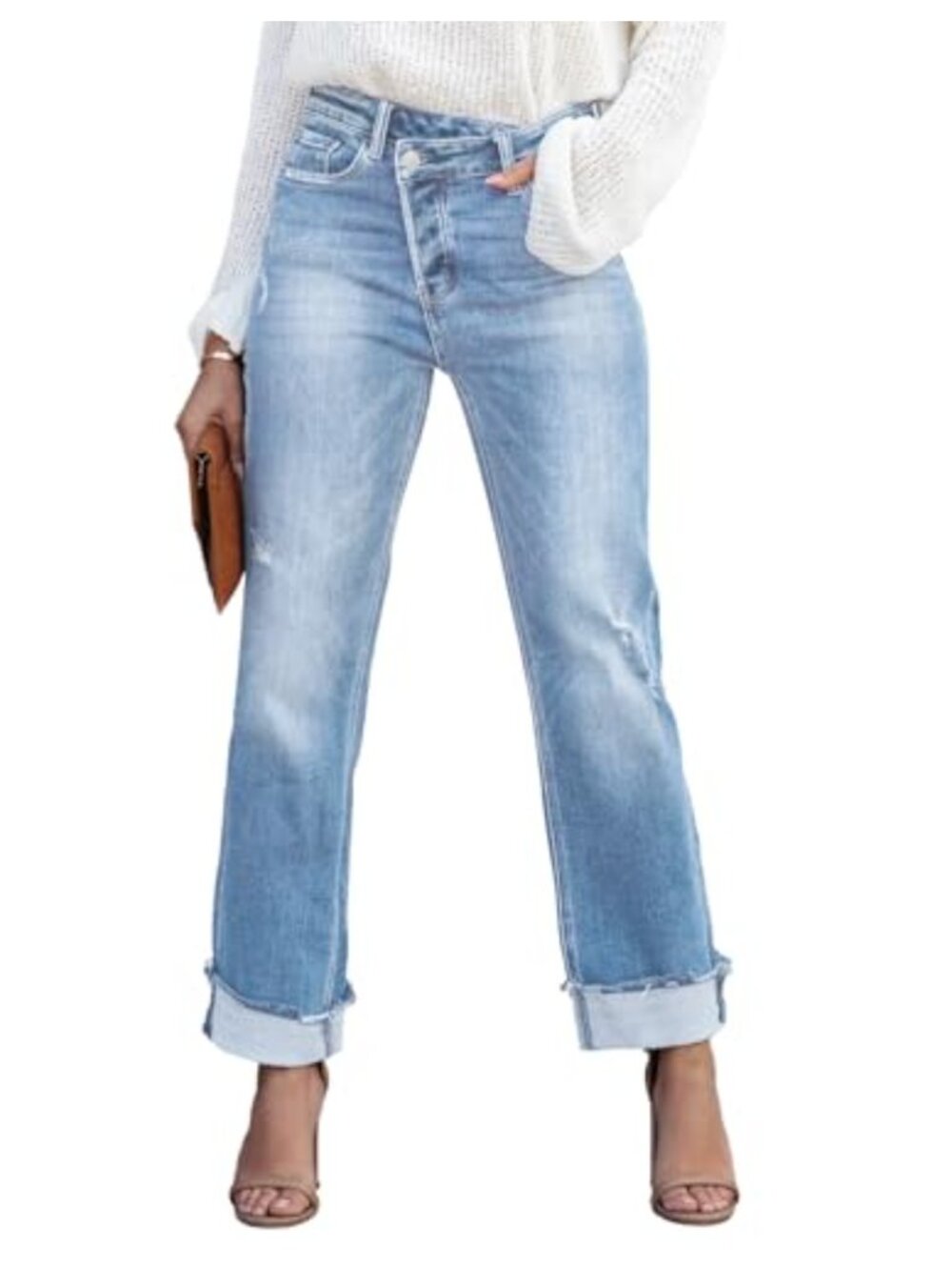 Women's High Rise Crossover Boyfriend Jeans Distressed Stretchy Denim Pants